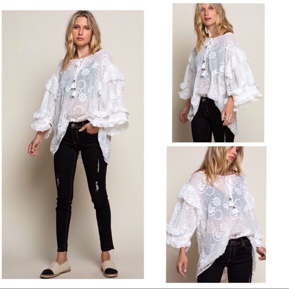 Pol White Boho Embroidered Floral Top with Ruffles - Picture 2 of 16